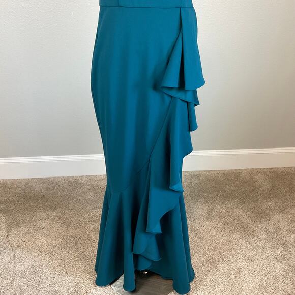 Betsy & Adam Ruffled Halter Long Mermaid Evening Gown Colorful Blue Size 6 Dress - Picture 9 of 13